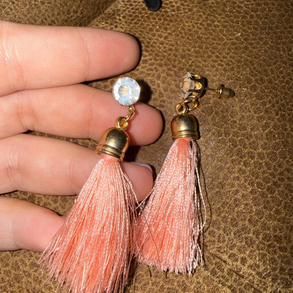 Others Follow Peach Tassel Drop Earrings with Gold Caps and Crystal Studs